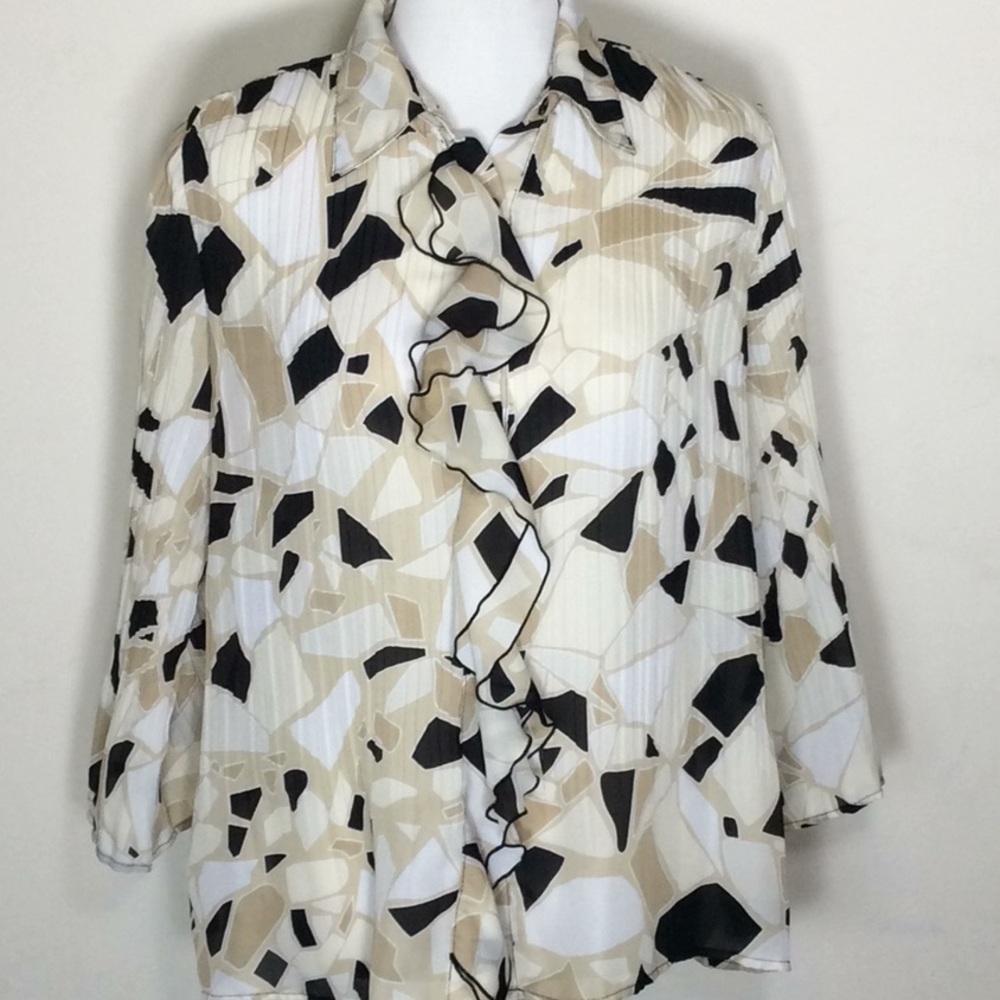 Geometric Semi-Sheer Ruffle Front Bell Sleeve Top